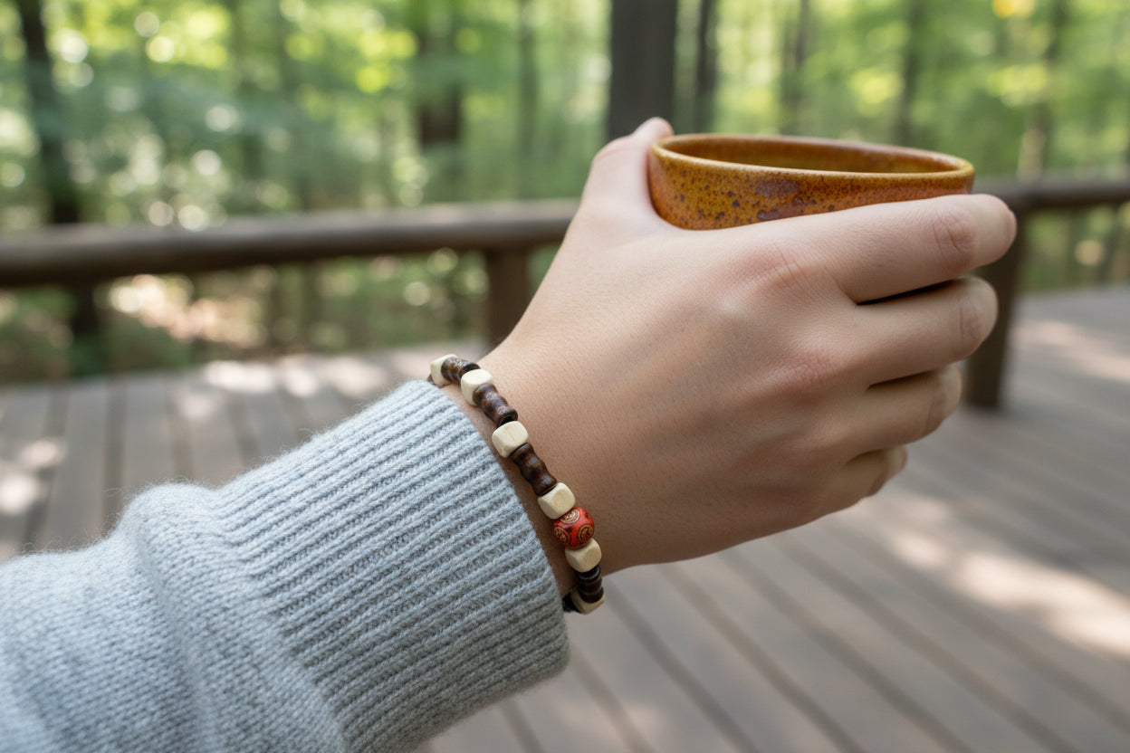 Dark Brown & White Wood Beaded Slip-On Bracelet